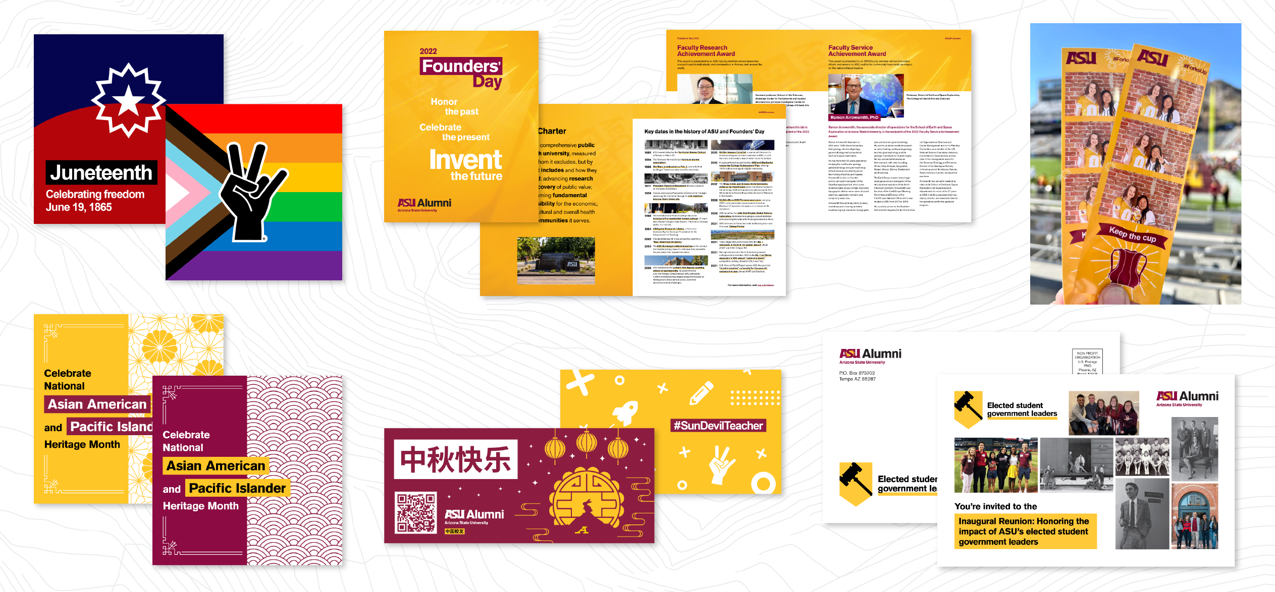banner image showing various ASU social media graphics and printed materials